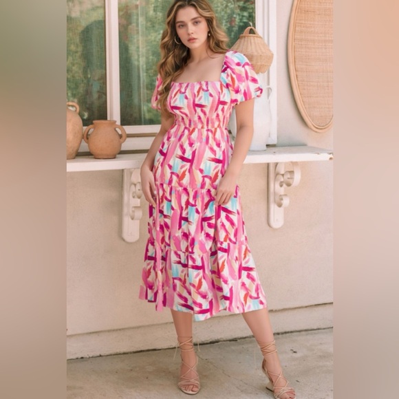 Geometric Print Puff Sleeve Square Neck Midi Dress - Picture 2 of 16